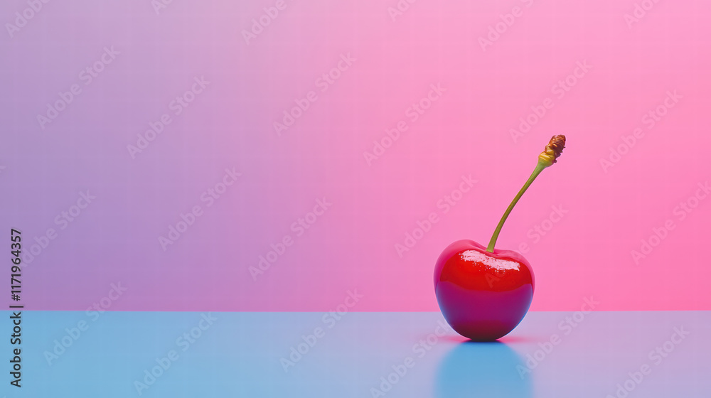 vibrant cherry stands out against colorful gradient backdrop, showcasing its glossy red surface and green stem, evoking sense of freshness and vitality vibrant cherry stands out against colorful gradient backdrop, showcasing its glossy red surface and green stem, evoking sense of freshness and vitality