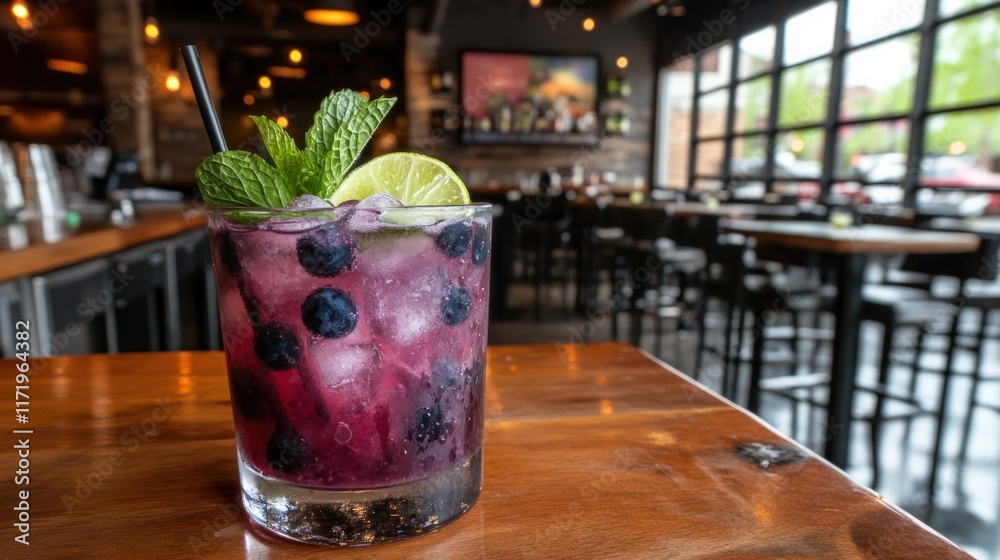 A refreshing cocktail garnished with mint and lime, placed on a wooden table in a lively setting. A refreshing cocktail garnished with mint and lime, placed on a wooden table in a lively setting.