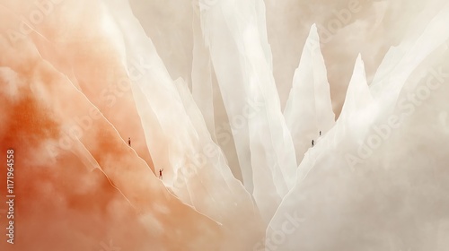 mountain climbers ascending a rocky peak in the Knuckles Mountain Range, Sri Lanka. Use simple, clean lines and abstract shapes, with minimal detail photo