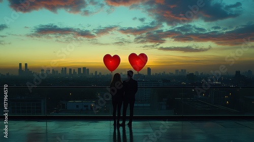 A couple stands on a romantic balcony, joyfully holding two vibrant red hearts, symbolizing love and connection on Valentine's Day.