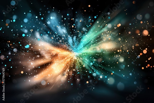 A dynamic explosion of radial blurred blue, green, and orange dots against a stark black background creates a mesmerizing and vibrant visual display. photo