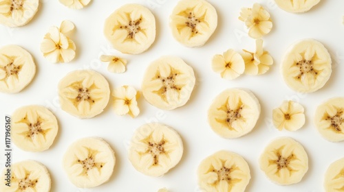 A creative design of banana slices forming a floral pattern on a flat white surface. photo