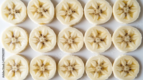 A creative design of banana slices forming a floral pattern on a flat white surface. photo