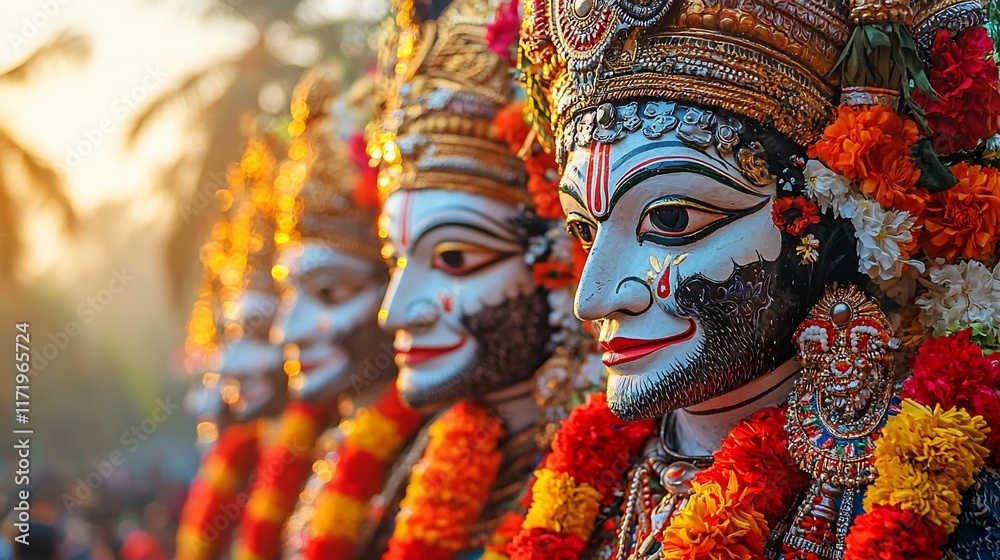 Fototapeta premium Close-up of ornate masks in a vibrant religious procession.