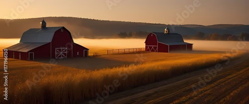 Classic red barns standing alongside golden fields inviting picturesque photography
