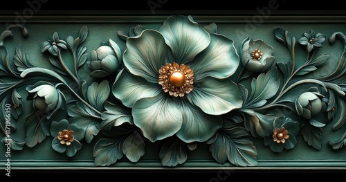 Intricate Floral Pattern Deep Green Art Nouveau Design Vintage Botanical Flowers and Plants