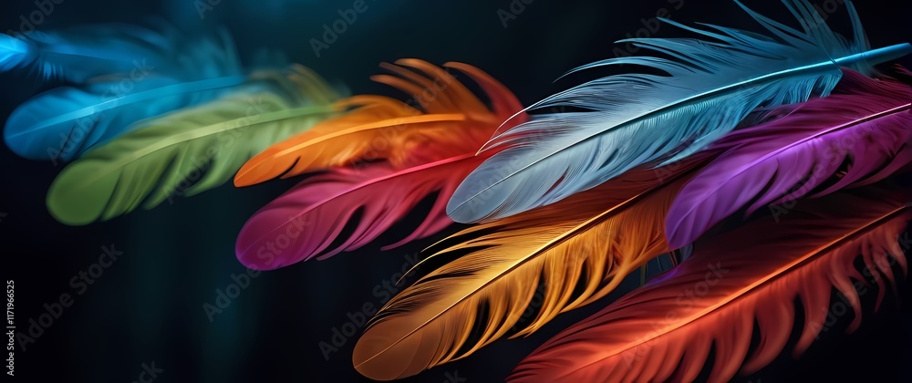 Fototapeta premium Closeup of colorful feathers displayed against intricate backgrounds