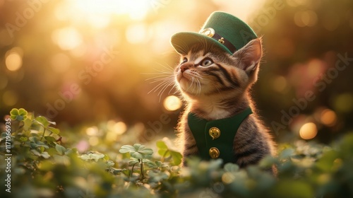 Whimsical Scene of a Kitten Dressed as a Leprechaun in a Field of Clover at Sunset