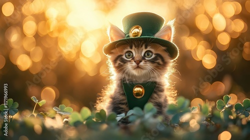 Whimsical Scene of a Kitten Dressed as a Leprechaun in a Field of Clover at Sunset