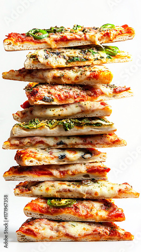 delicious stack of pepperoni pizza slices with green peppers isolated on white background