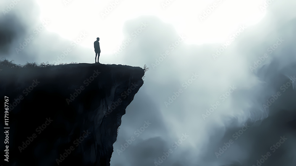 A silhouette of a lone figure standing on a fog-covered cliff edge with an enigmatic light shining from beneath, creating a surreal and mysterious atmosphere. Oblivian. Illustration A silhouette of a lone figure standing on a fog-covered cliff edge with an enigmatic light shining from beneath, creating a surreal and mysterious atmosphere. Oblivian. Illustration