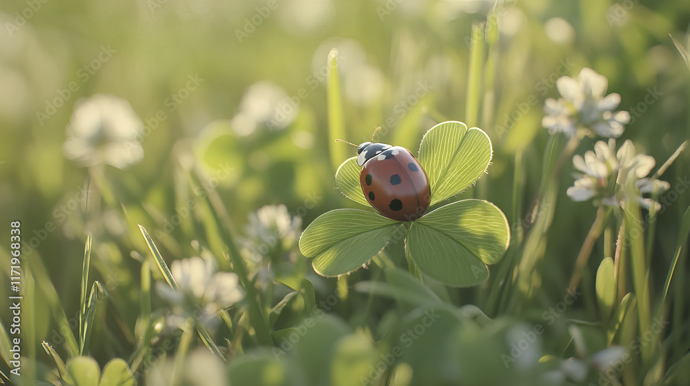 Fototapeta premium ladybug resting on clover leaf in sunlit meadow, showcasing nature beauty