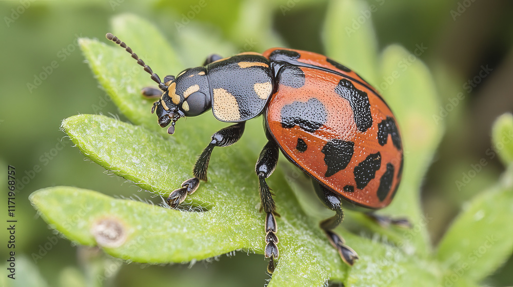 Naklejka premium macro view of ladybug on green leaf, showcasing its vibrant red and black colors