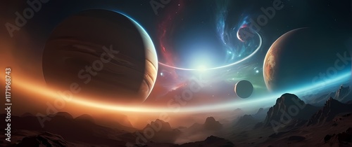 Colorful renditions of planetary systems portrayed through imaginative art photo