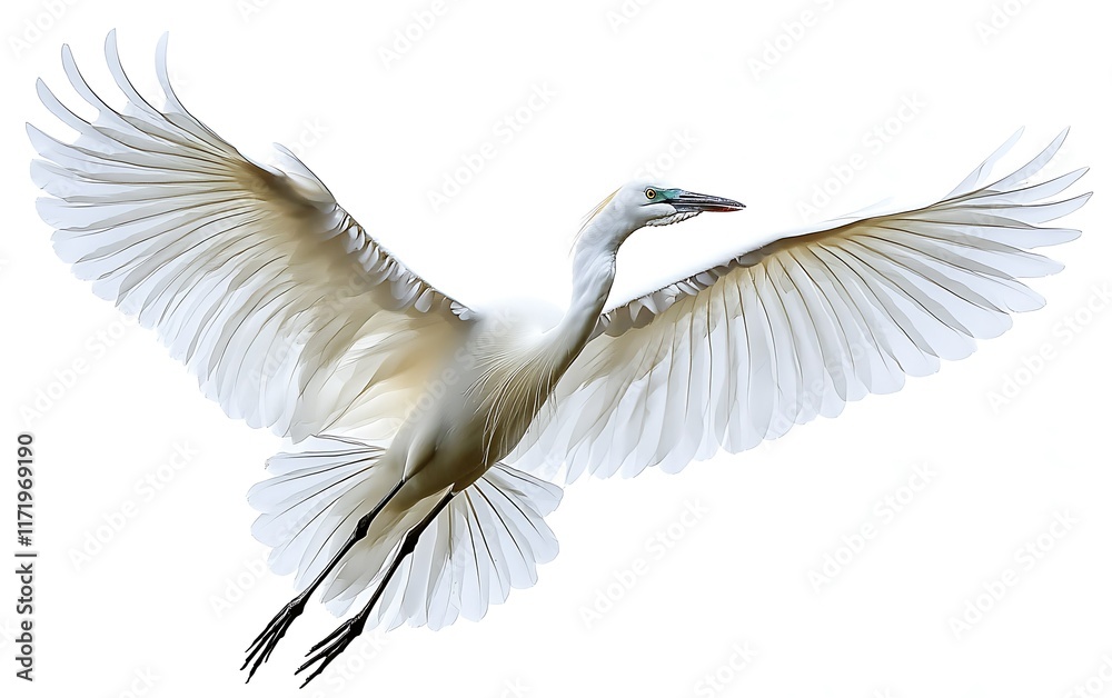White egret in flight, wings spread wide, against a white background; nature photography for websites or publications. White egret in flight, wings spread wide, against a white background; nature photography for websites or publications.