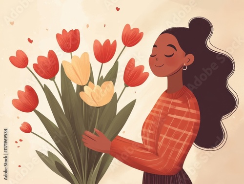 A joyful woman cradles a vibrant bouquet, as whimsical hearts dance around her, celebrating love's magic and the spirit of Valentine's Day.