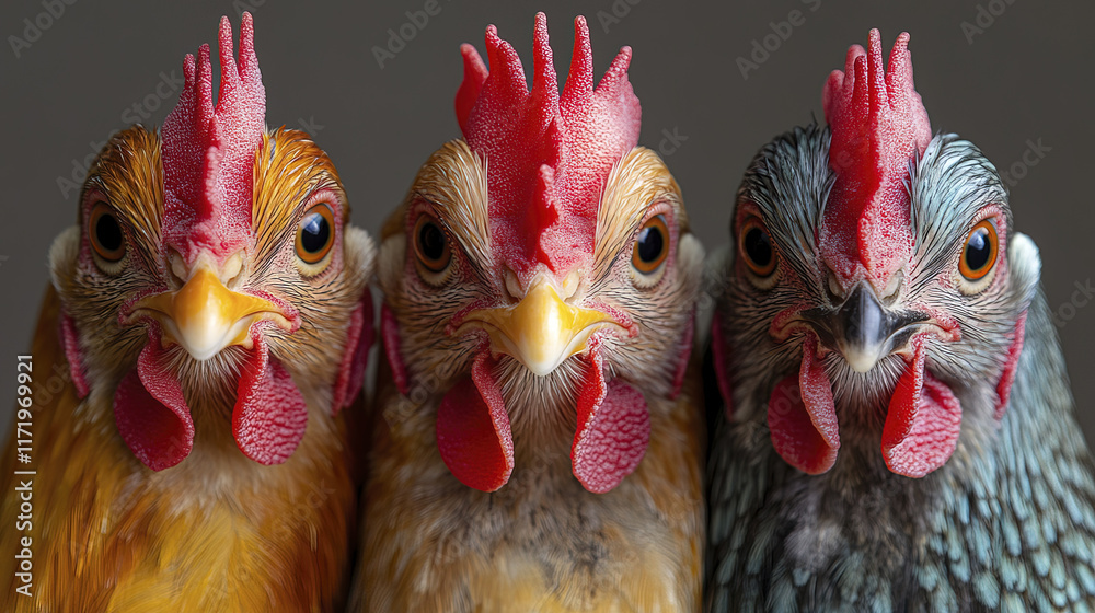 Fototapeta premium Three colorful hens with expressive eyes and vibrant feathers