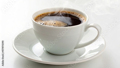 A steaming cup of black coffee on a white saucer, inviting and warm.