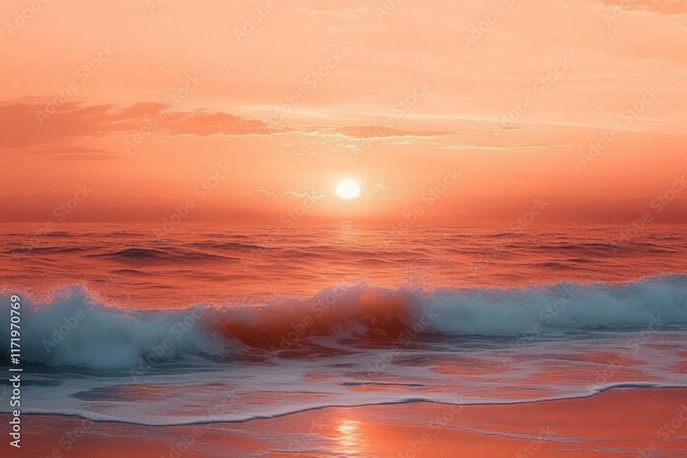 Serene Ocean Sunset with Gentle Waves and Warm Peach Fuzz Sky at the Beach Serene Ocean Sunset with Gentle Waves and Warm Peach Fuzz Sky at the Beach