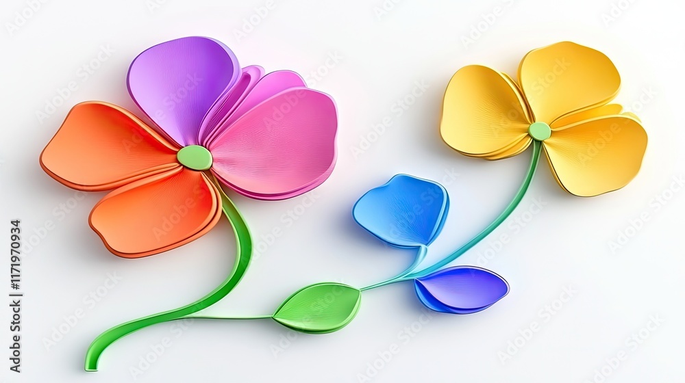 Fototapeta premium Colorful, stylized flowers crafted from layered materials, showcasing vibrant hues and shapes.