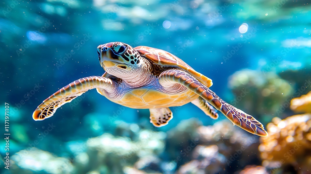 Obraz premium A sea turtle gracefully swims in a vibrant underwater coral reef habitat.
