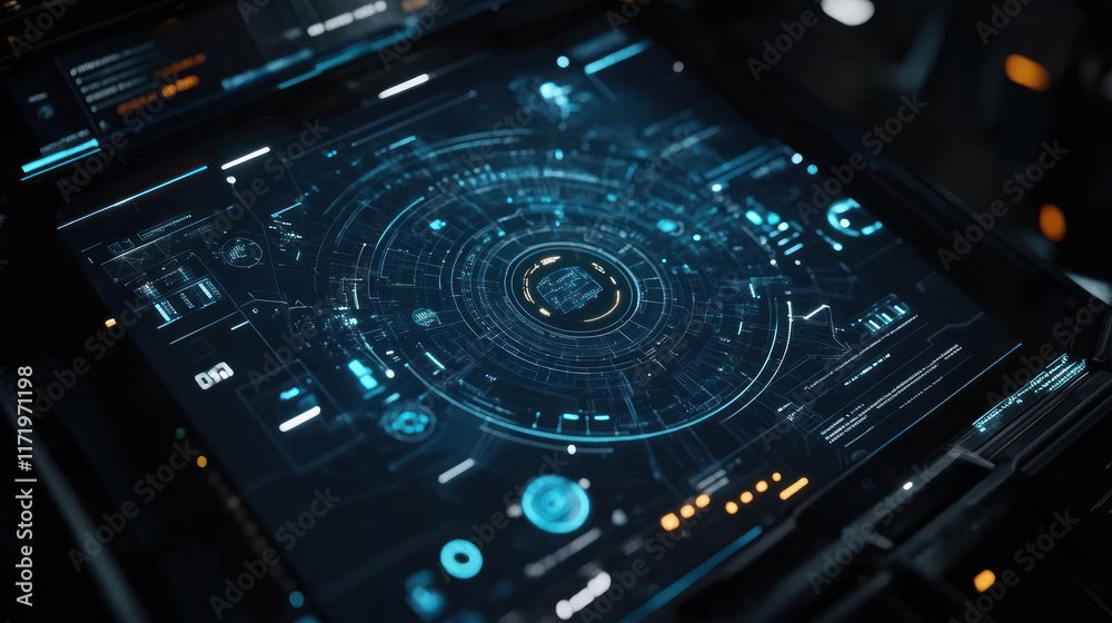 A high-tech digital interface displaying complex data and analytics. A high-tech digital interface displaying complex data and analytics.