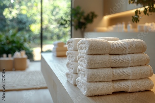 Female Esthetician Smiling in Spa Environment with Towels and Natural Lighting photo