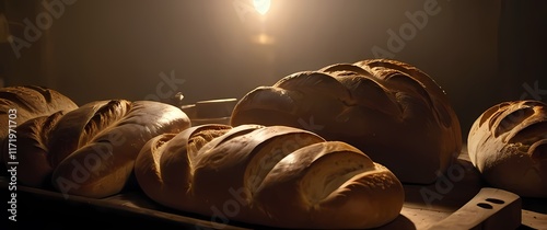 Delightfully rustic bread displayed alongside warm farms filled with daily life photo