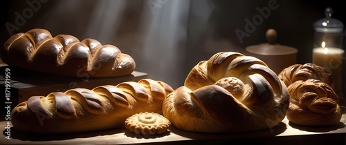 Detailed shots of freshly baked goods like bread and pastries showcasing texture photo