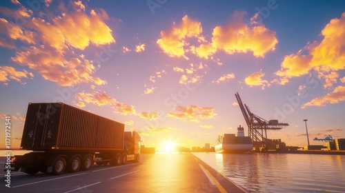 A large truck carrying cargo containers drives along a port road at sunset.  A cargo ship and crane are visible in the background.  Golden light illuminates the scene. photo