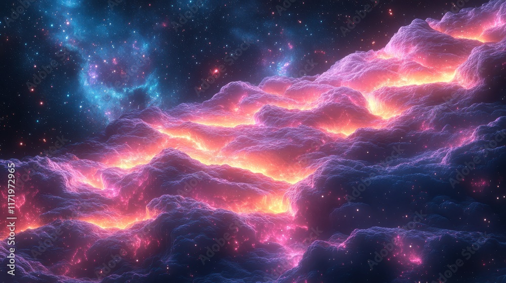 Fototapeta premium A vibrant cosmic landscape featuring glowing clouds and starry background.
