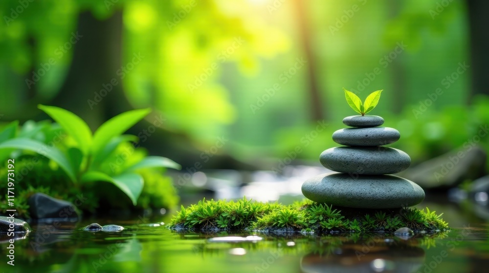 Serene Stacked Stones and Sprouting Plant by Tranquil Water in Lush Greenery Serene Stacked Stones and Sprouting Plant by Tranquil Water in Lush Greenery
