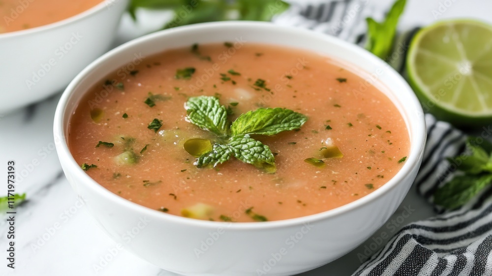 A bowl of fresh soup garnished with mint leaves and lime, served on a marble surface. A bowl of fresh soup garnished with mint leaves and lime, served on a marble surface.