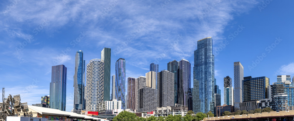 Australia scenic Melbourne downtown skyline panorama and financial business center.