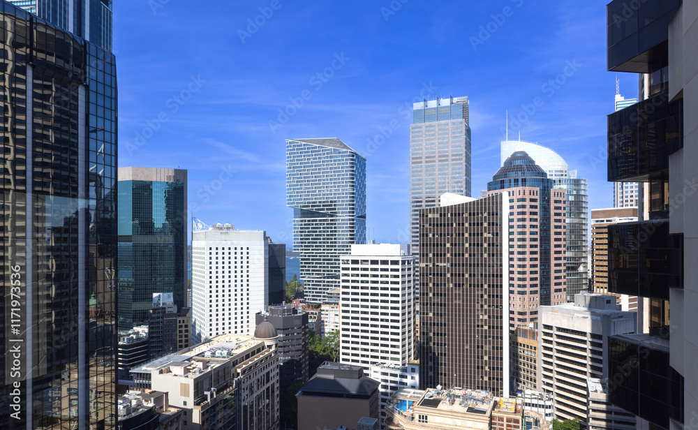 Naklejka premium Australia scenic Sydney downtown skyline panorama and financial business center near Opera House.