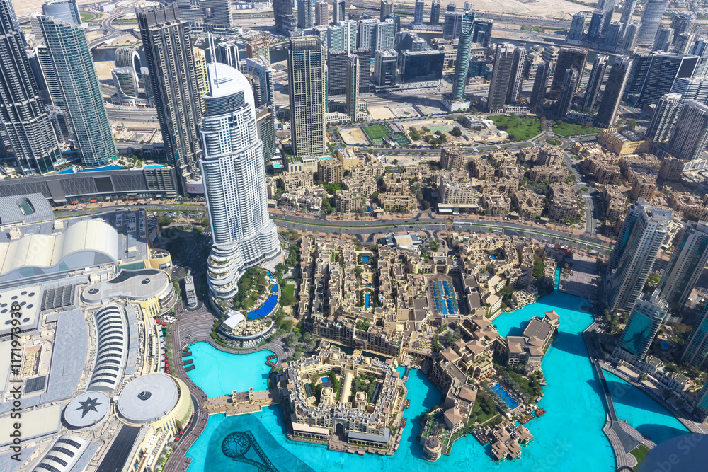 UAE, Dubai panoramic skyline view from Burj Khalifa of city downtown and Dubai Mall.