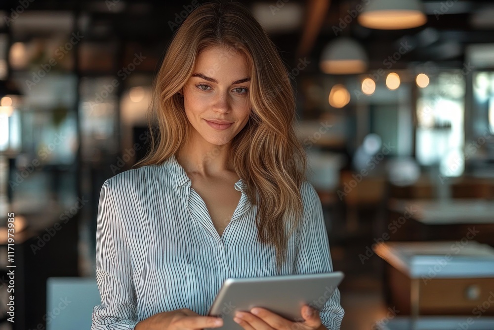 Mature Hispanic Businesswoman Interacting with Tablet in Modern Office Environment Mature Hispanic Businesswoman Interacting with Tablet in Modern Office Environment
