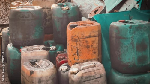Old plastic tanks showing environmental impact of industrial waste. Collection of dirty containers after motor oil usage