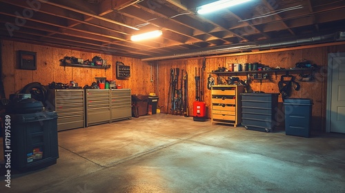 Well-organized basement workshop with tools and equipment.