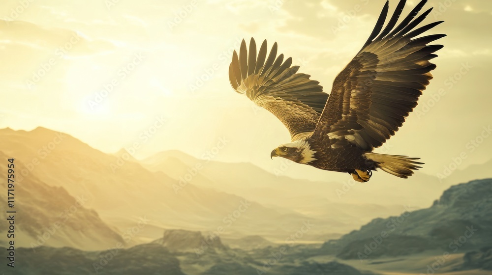 Obraz premium A majestic eagle soaring over a mountainous landscape at sunset.