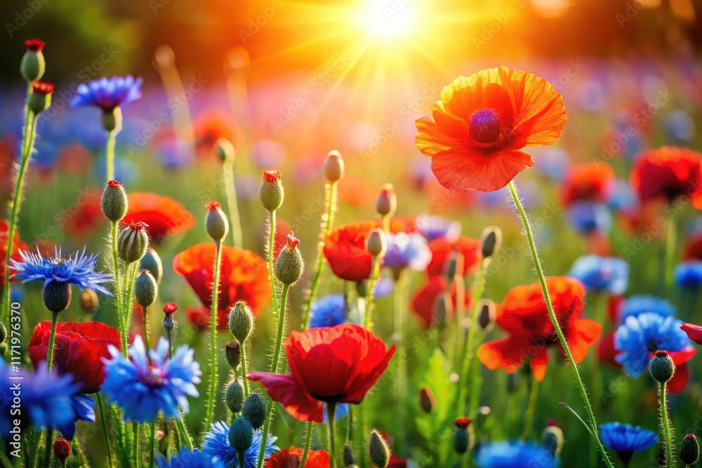 Obraz premium Summer wildflowers paint a vivid field, captured with exceptional depth of field.