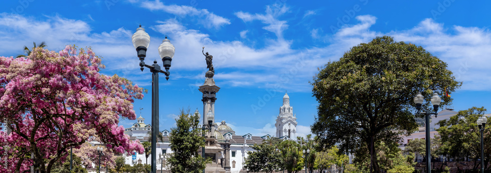 Quito, Ecuador. Independence Square near Catholic cathedral basilica San Francisco church in historic center.