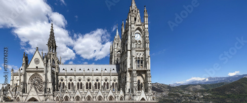 Cathedral Basilica of National Vow in historic center of Quito, Ecuador. Roman catholic church.
