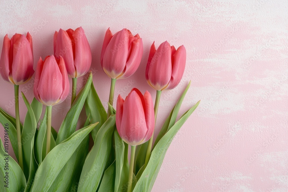 Naklejka premium A stunning display of vibrant pink tulips, each delicate petal neatly arranged in a perfect row against a soft pastel pink textured background