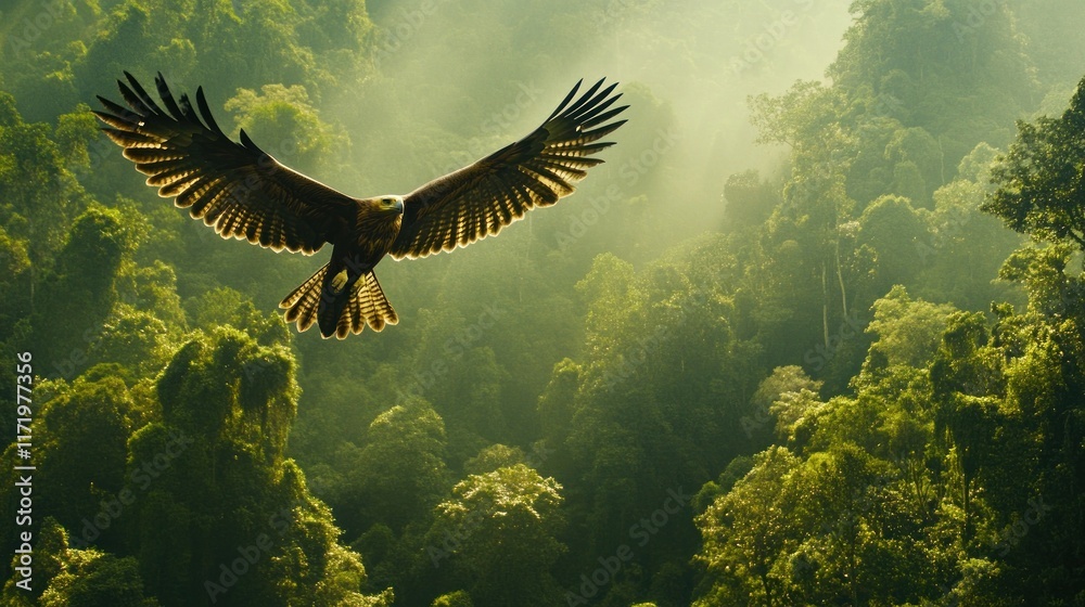 Obraz premium A majestic eagle soars over a lush, green forest, capturing the beauty of nature.
