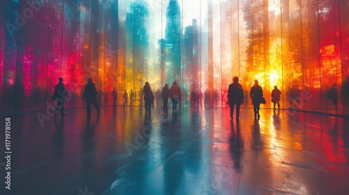 Fototapeta Naklejka Na Ścianę i Meble -  Rainbow colors in office space with motion blur of walking people in a vibrant urban interior showcasing diversity and inclusion