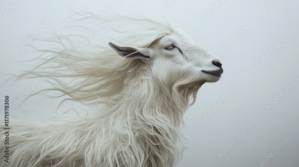 Obraz premium A majestic white goat with flowing fur, set against a soft, muted background.