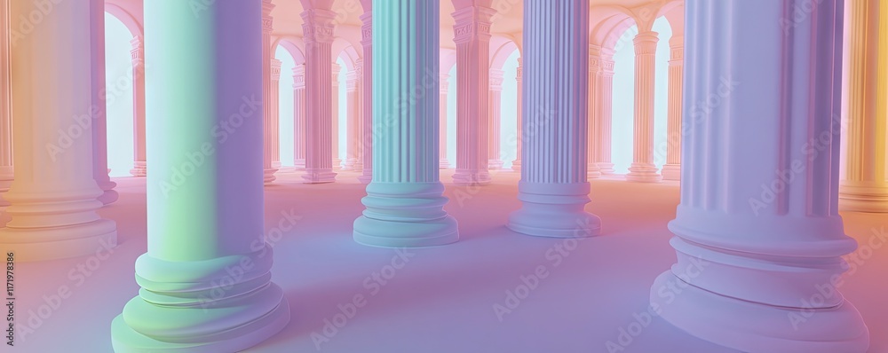 Fototapeta premium A serene, pastel-colored architectural space with classical columns and soft lighting.