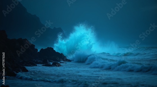 Dramatic waves crashing on rocky shore with bioluminescence