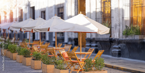 Obraz na płótnie Peru, Colorful restaurants and colonial buildings of Arequipa in historic city center. w salonie